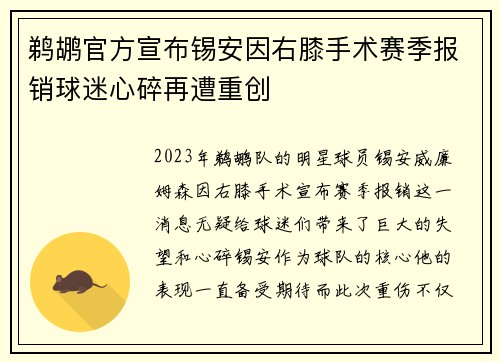 鹈鹕官方宣布锡安因右膝手术赛季报销球迷心碎再遭重创 鹈鹕官方宣布锡安因右膝手术赛季报销球迷心碎再遭重创